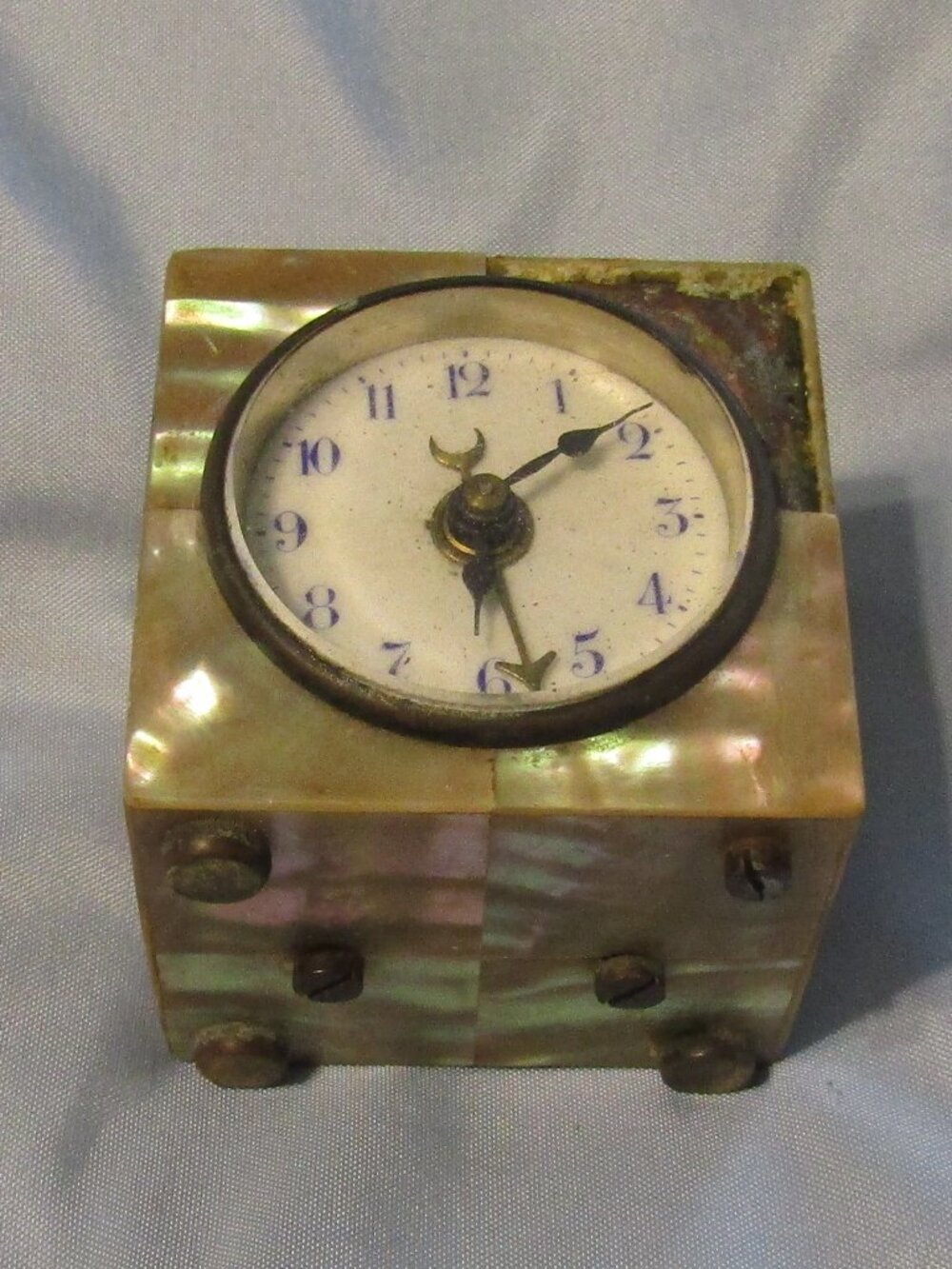Antique c1900 GERMAN WECKER/GEHWECKER Mother of Pearl Mini ALARM CLOCK to Repair
